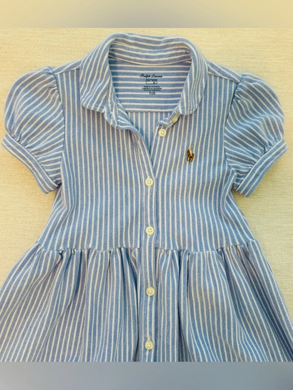 Ralph Lauren Girls Oxford Blue Stripe Piqué Polo Dress & Bloomers Size 24 months